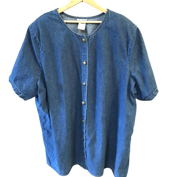 Elisabeth Denim Tunic: Vintage 80s Collarless Button-Down Shirt, Plus Size 30W - Picture 3 of 10